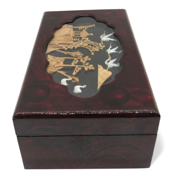 Asian Wooden JEWELRY BOX with 3D Cork Pagoda and Crane Birds Lacquered 9 Inches - Picture 7 of 11